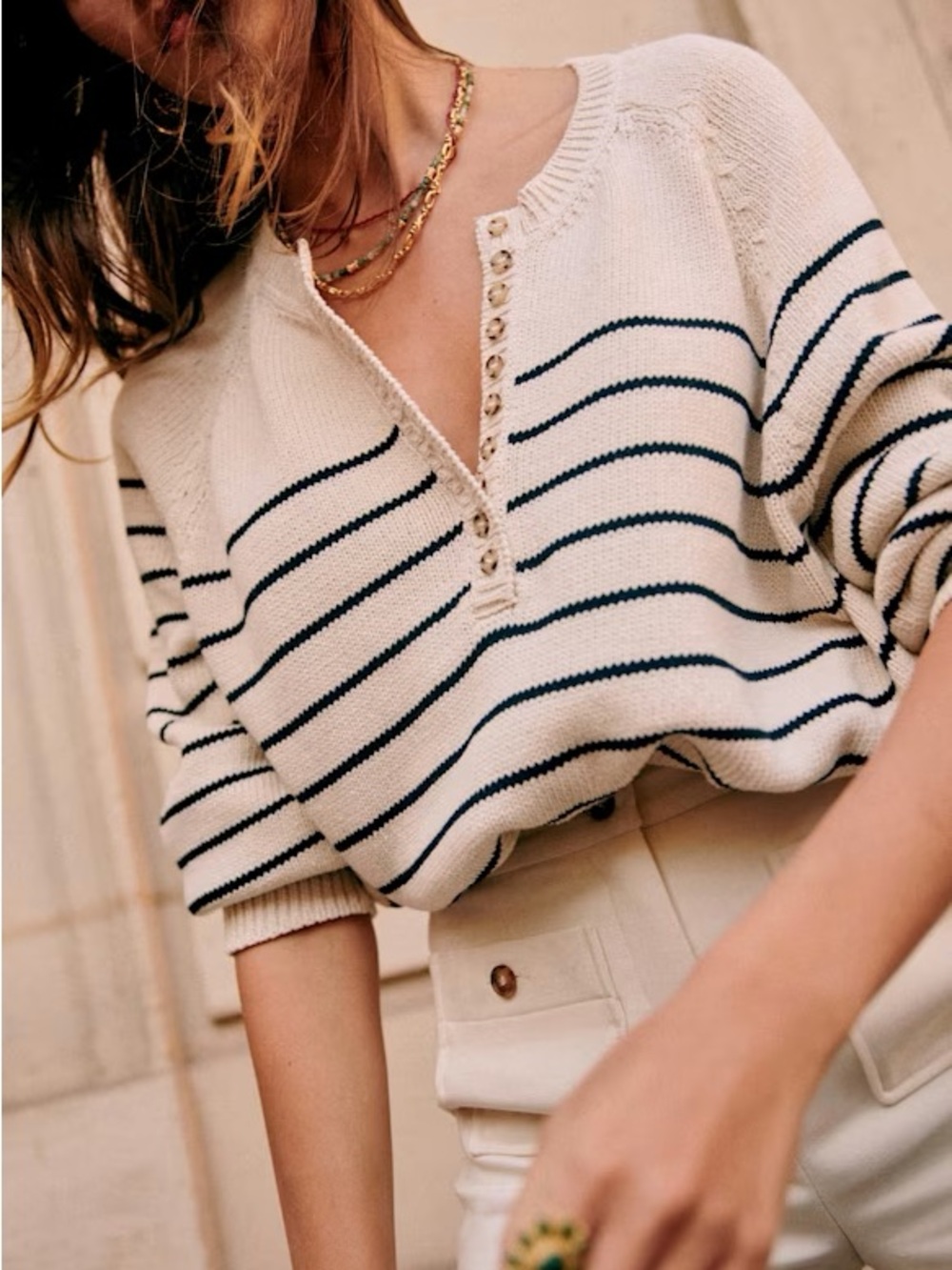 Sezane Leontine Sweater in Ecru/Navy XS